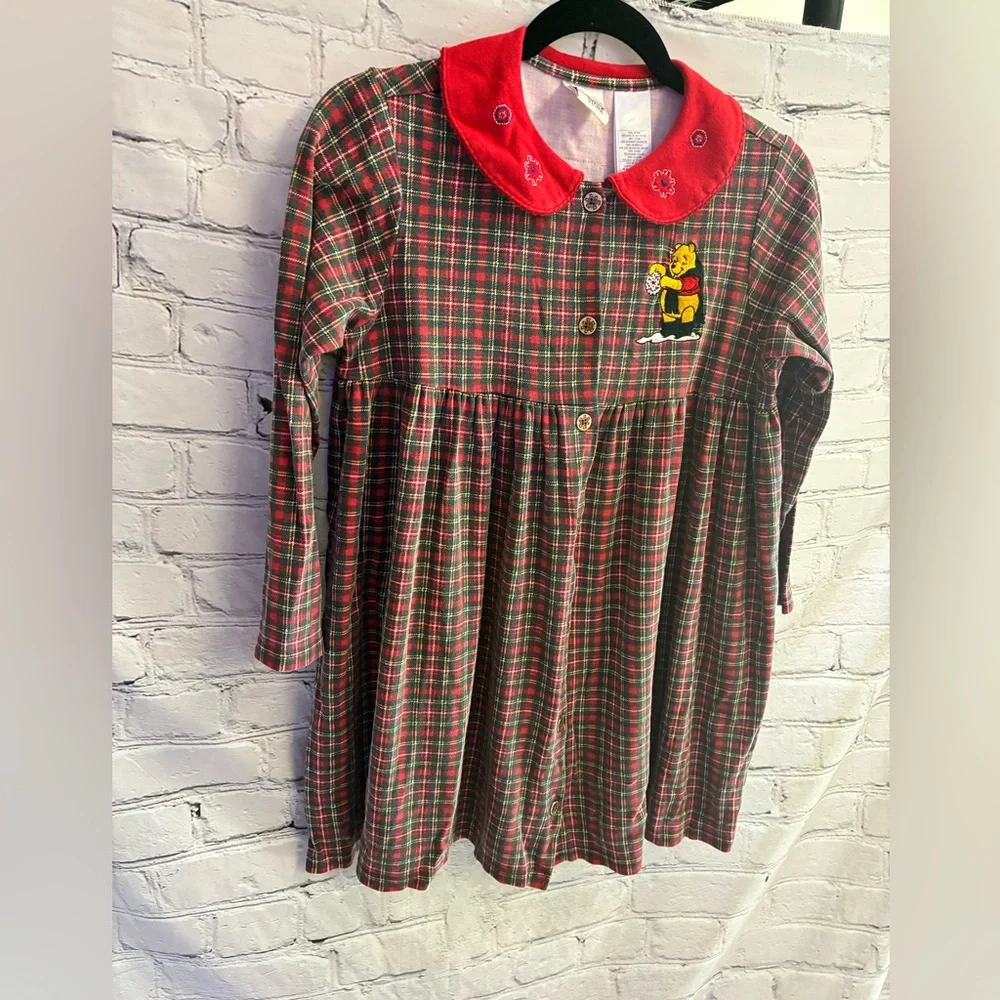 Vintage 90s Winnie the Pooh Plaid Winter Dress Girls 10/12 Rare Disney Red Green